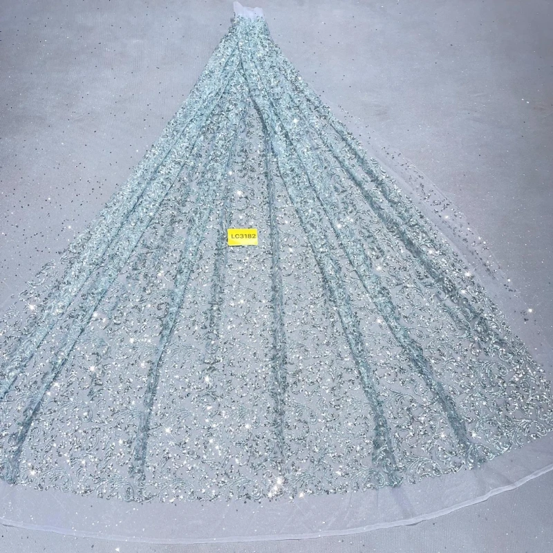 

10 Yards Blue Patterned Wedding Dress Fabric with Mesh Spray Lace 150cm Wedding Party Spray gold Tull fabric