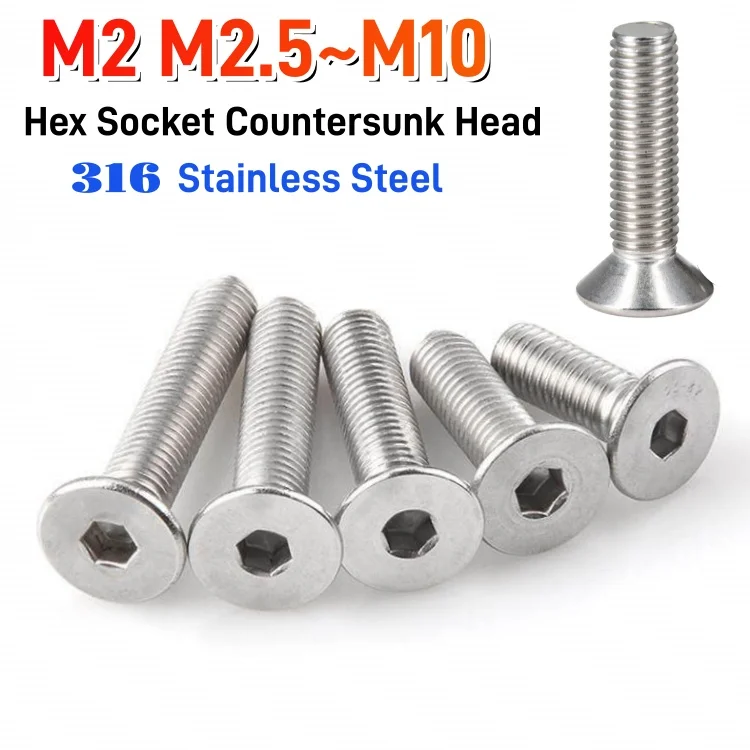 M2 M2.5 M3 M4 M5 M6 M8 M10 Sus316 Stainless Steel Countersunk Hexagon Socket Screw Flat Allen Bolt Screw Mental Screws