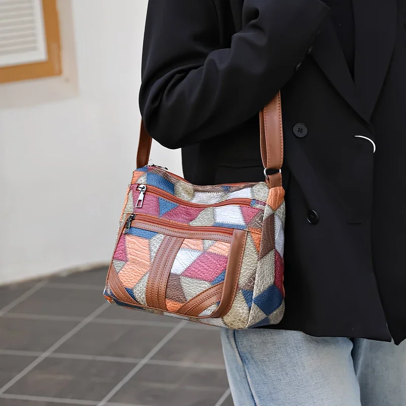 Women's Crossbody Shoulder Bags, Lightweight Geometric Pattern, Multi-Layer Design, Secure Zipper Closure, Colorful Accessories