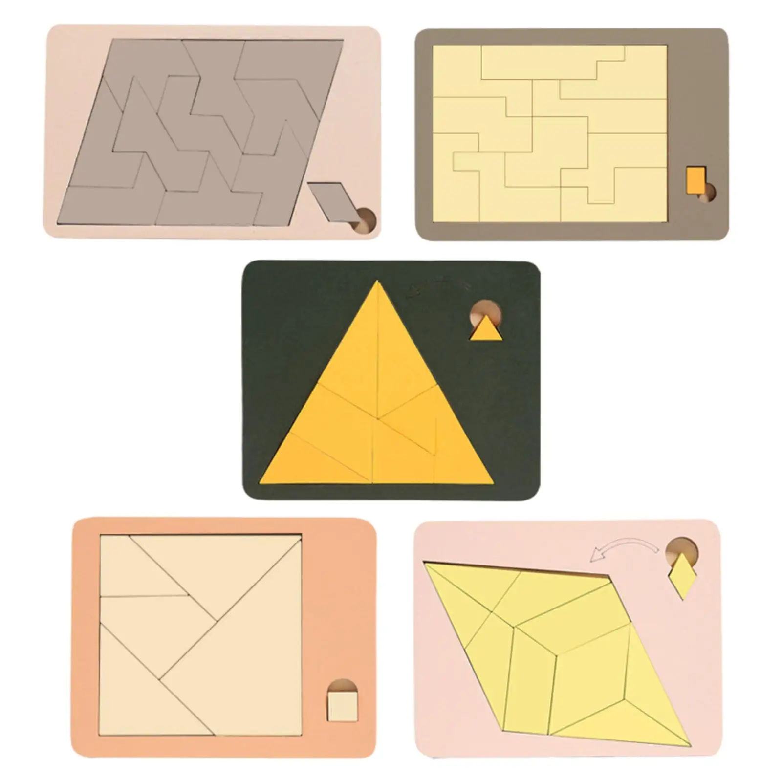 5 Pieces Geometric Brain Teaser Toys Wooden Tangrams Set Classic Shape Jigsaw Puzzles Montessori Toys for Children Girls Boys