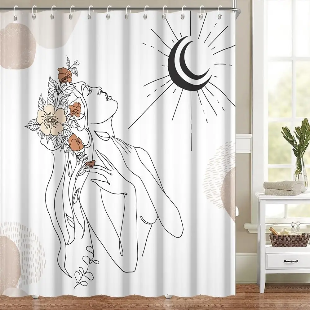 Abstract Boho Celestial Shower Curtain Bathroom Boho Line Art Floral Woman Portrait Decor 180x180cm
