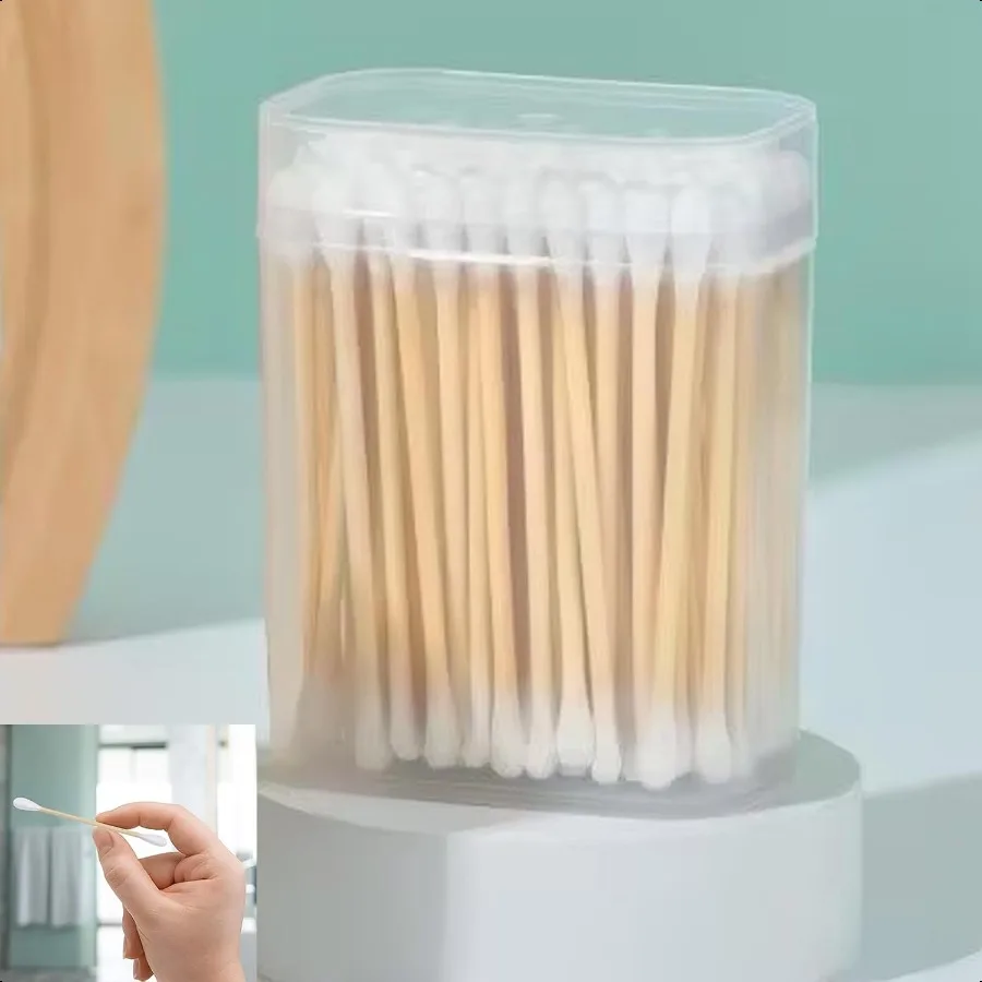 Organic Cotton Swabs with Wooden Sticks 200 Pcs of Pack qtips Cotton Swabs Pure Natural Bamboo Biodegradable Double Round Tippe