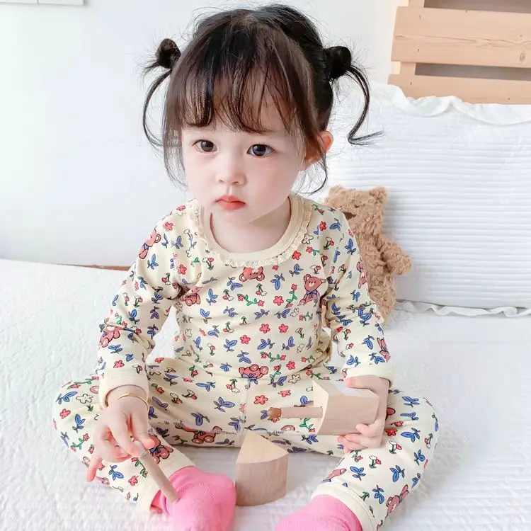 New Spring Autumn Babys Girl Two-piece Clothes Set Cotton Fragment Flower Tops Suits Loose Bear Print Tights Infant Girl Outfits