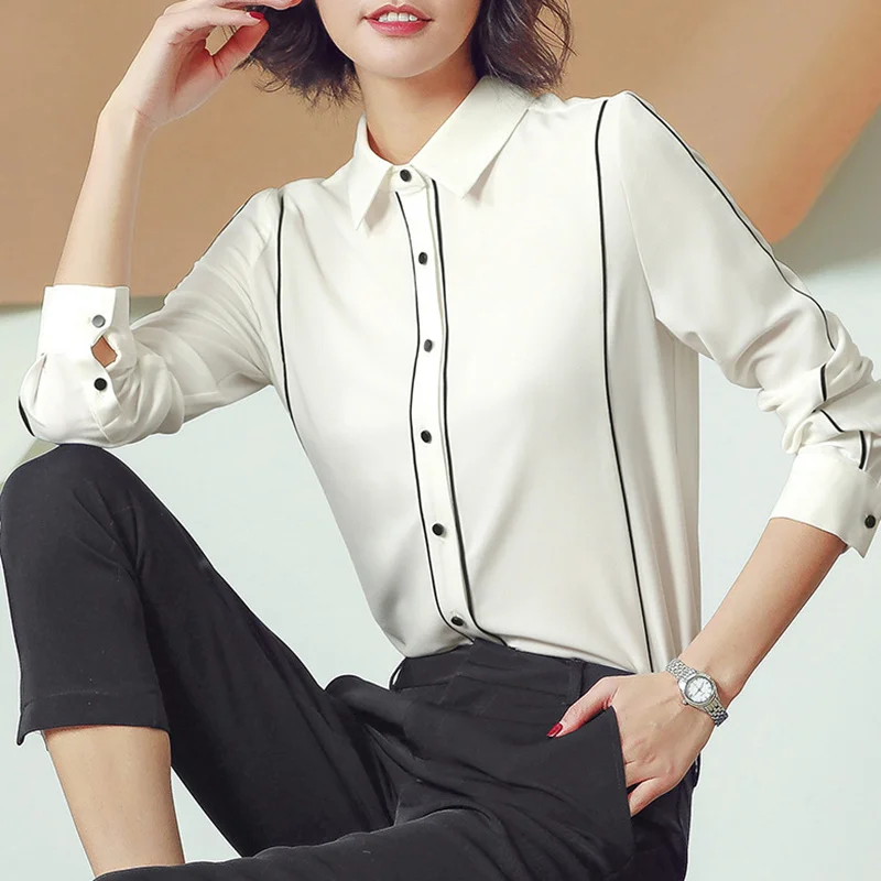 

Birdsky, 1PC Women long sleeve shirt blouse Top contrast pipe 100% real mulberry silk Black White, S-533