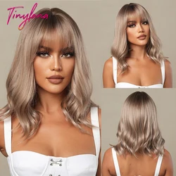 Rose Blonde Brown Short Bob Synthetic Wigs with Bangs Ash Blonde Natural Loose Wave Wig for Women Cosplay Heat Resistant Hair