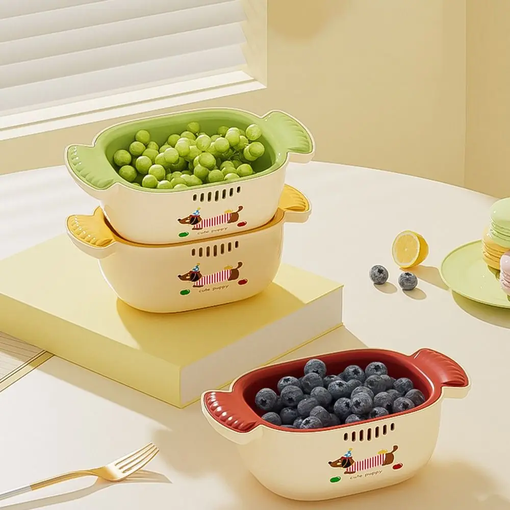 Dopamine Double Layer Drain Basket Space-saving Stackable Vegetable Washing Basin Cute Handle Large Capacity Kitchen Fruit Tray