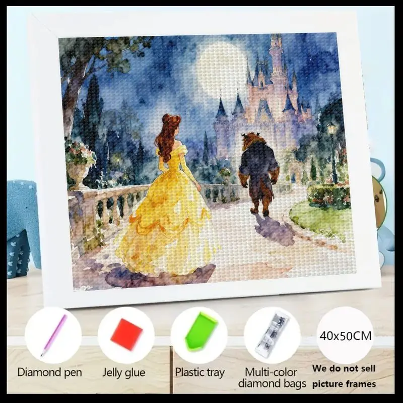 

1PC 5D Full Drill Diamond Painting Kit, Beauty and the Beast Belle & Beast Enchanted Castle Romantic Moonlit Scene Art, DIY Crys