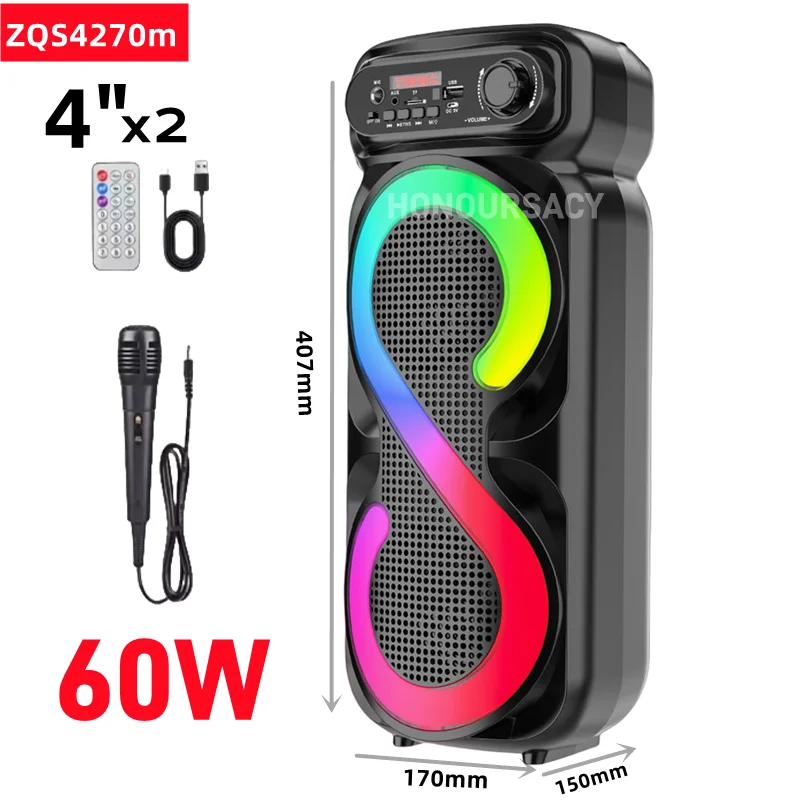 

Dual 4-inch LED Party Stereo Sound DJ Music Box 60W Big Power Outdoor Portable Bluetooth Speaker Subwoofer Karaoke with Wire Mic