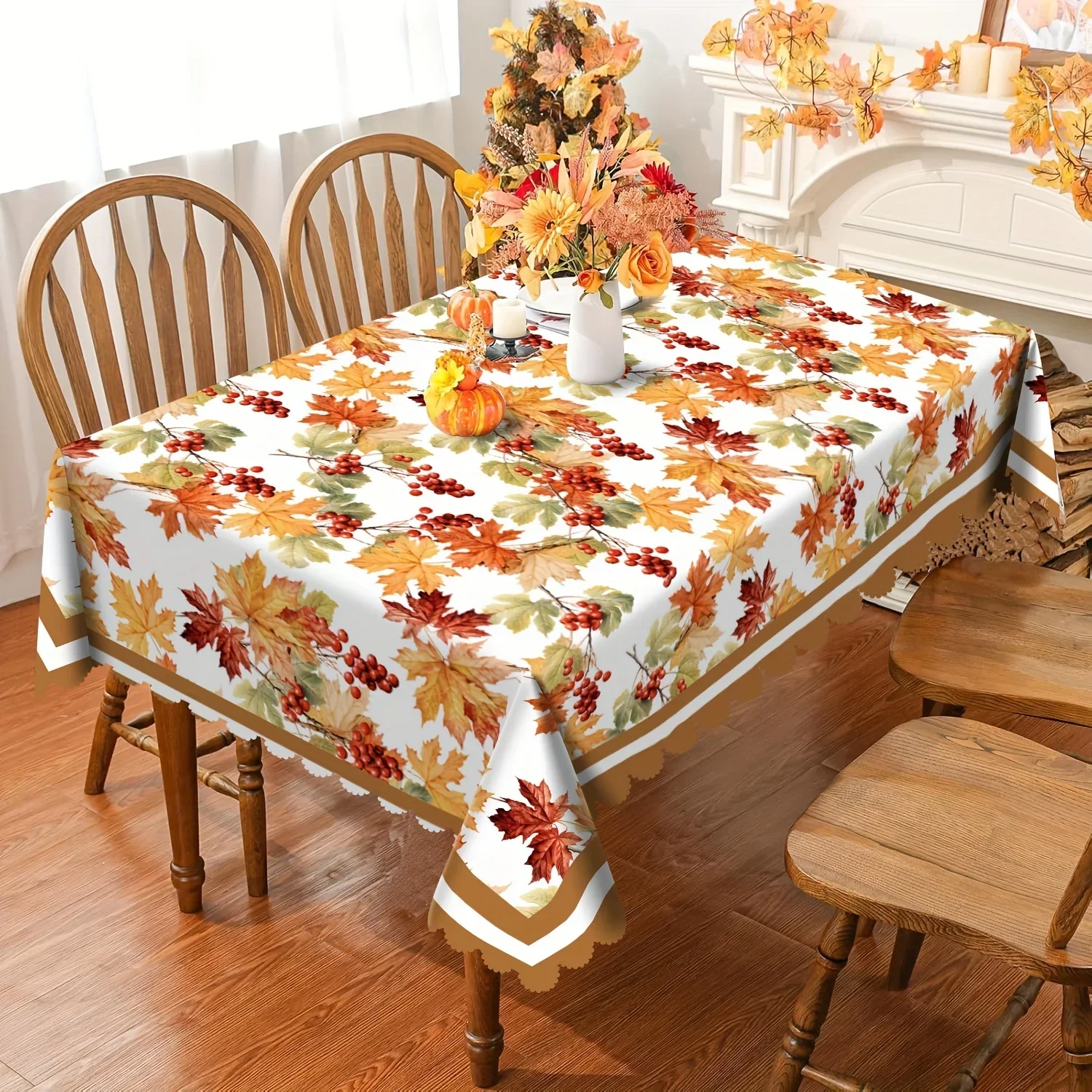 1 piece - Autumn Harvest Maple Leaves and Berries Printed Tablecloth - Washable Nylon, Rectangular Table Coverzyc