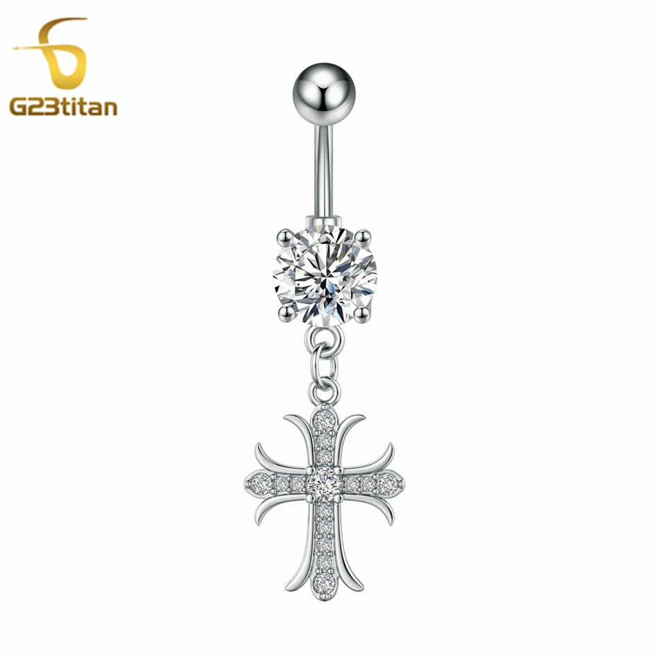 Silver Color Cross Zircon Bellybutton Ring Body Piercing Surgical Titanium 14G Barbell Christian Catholic Religion Navel Jewelry