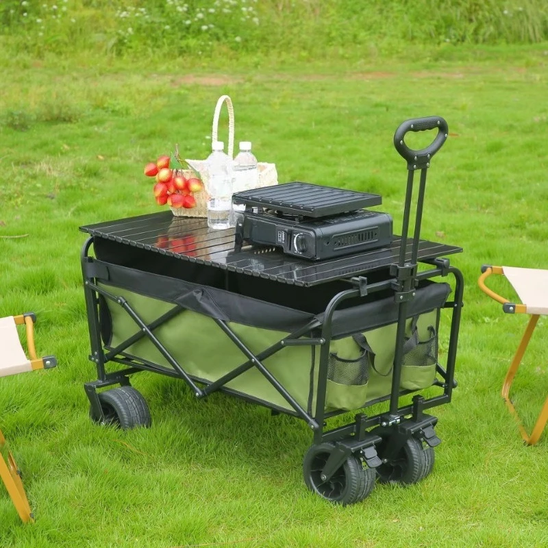 Folding iron handcart, white dark green, with lowerable side panels, portable outdoor camper