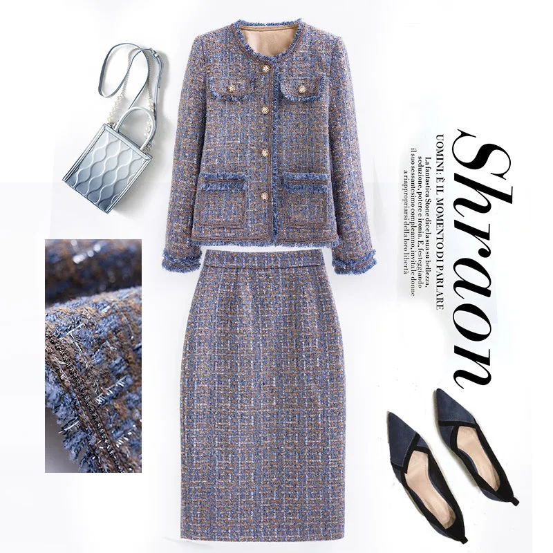 

Women's coarse tweed fringe two-piece jacket+skirt 2025 new autumn and winter small fragrance style set