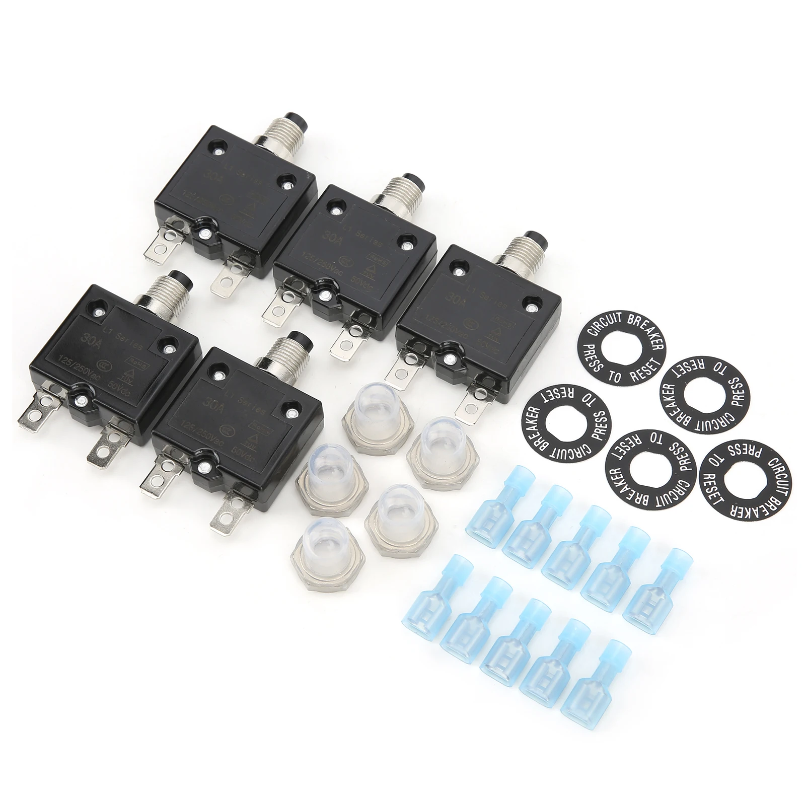 25PCS 30Amp Thermal Circuit Breaker 125‑250VAC 50VDC with Quick Connect Terminals Waterproof Button Cap Kit