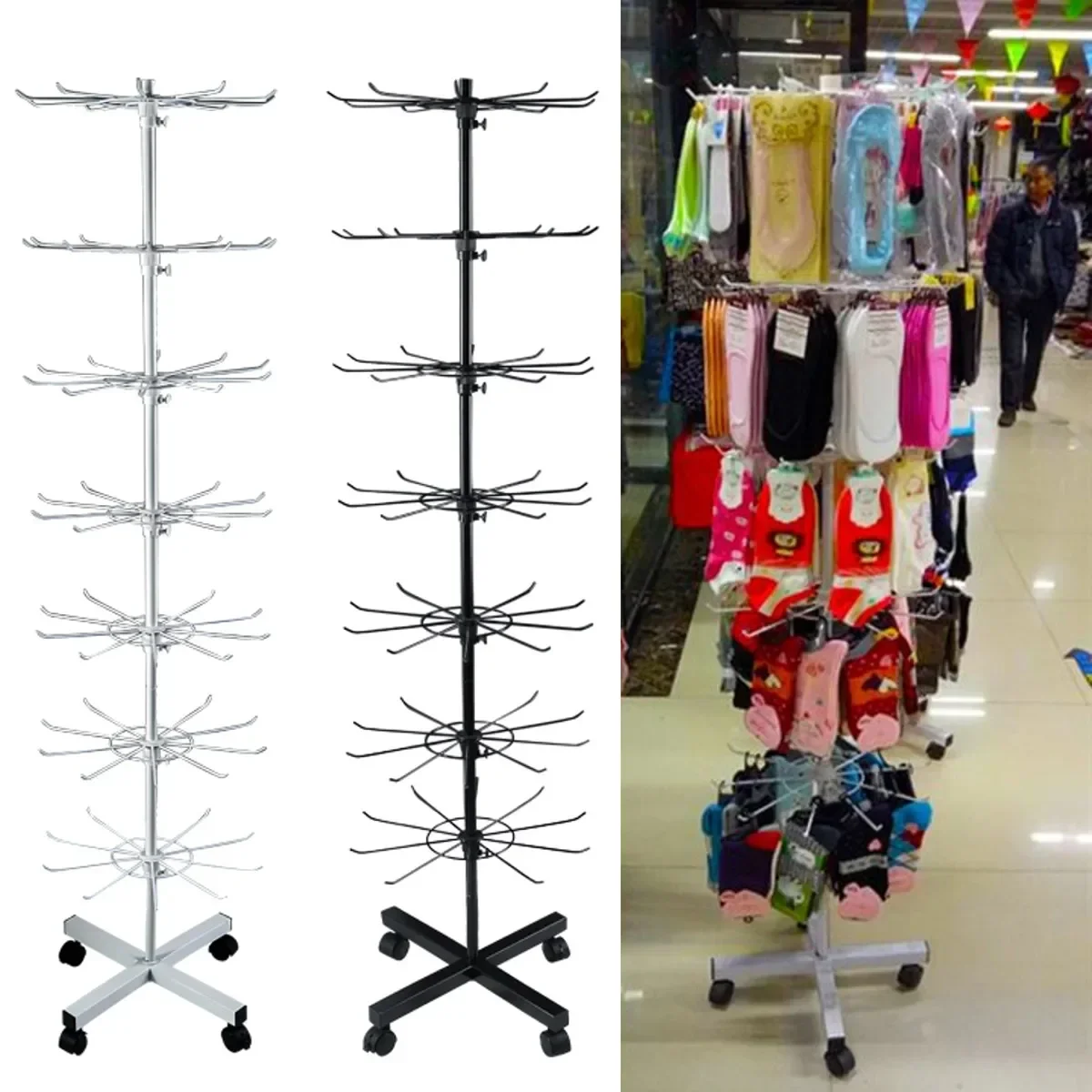 

7 Tiers 70 Hooks Rotating Rack Shelves Cap Hat Display Stand Hanger Socks Wig Scarves Bracelet Pendant Storage Holder Shelf Rack