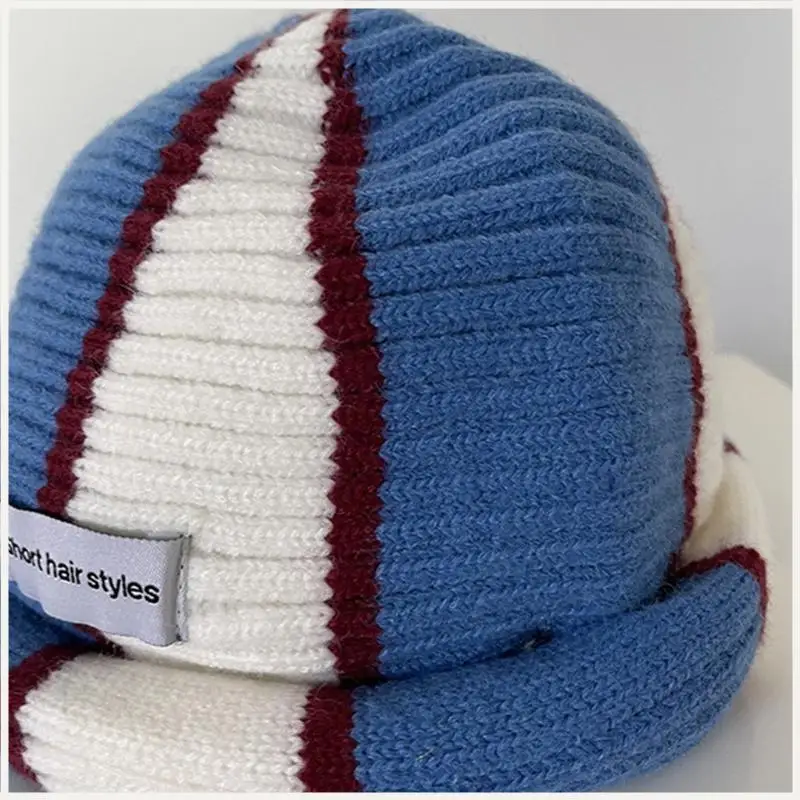 قبعة متماسكة مخططة مستديرة رائعة، قبعة صغيرة، قبعة الهيب هوب، قبعة الجمجمة، مناسبة للجنسين #4