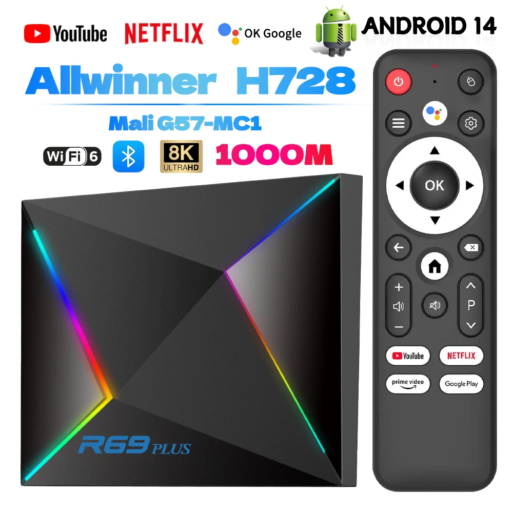 R69PLUS Android 14 TV Box Allwinner H728 Octa-Core A55 CPU Mali G57 GPU WiFi 6 8K Video BT5.0+ 16GB-46GB Optional