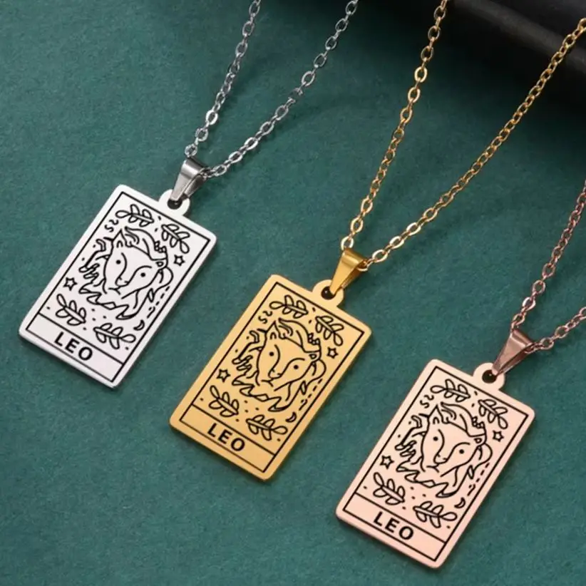 LIKGREAT Vintage 12 Constellations Square Pendant Necklaces Stainless Steel Jewelry 12 Horoscope Zodiac Sign Clavicle Chain Gift