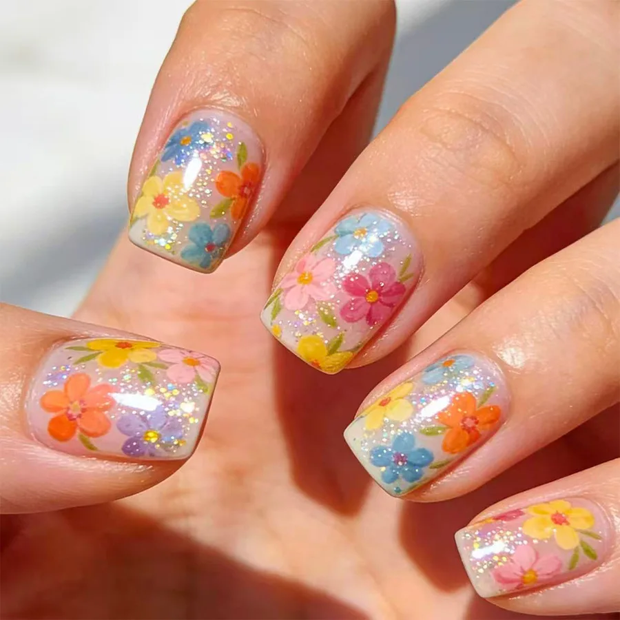 

24Pcs Short Square Head Fake Nail Spring Summer Colorful Flowers Design False Nails Press on Shiny Powder Wearable Manicure Tips