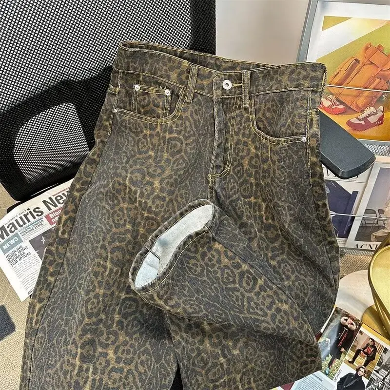 Calça casual feminina estampa leopardo cintura alta, calça americana de rua alta retrô estilo Y2K Harajuku na moda primavera