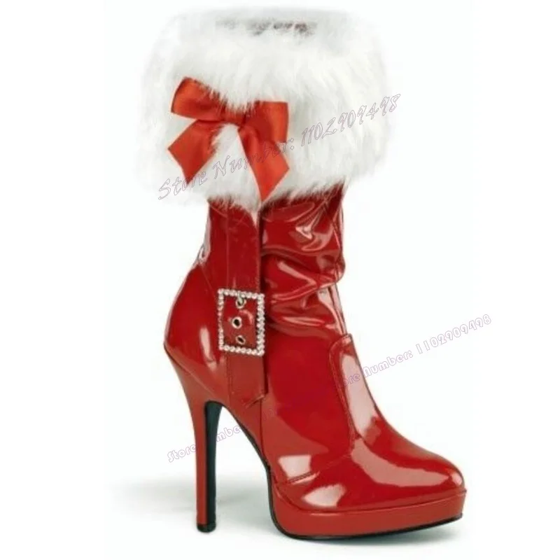 Red Patent Leather Fur Christmas Ankle Boots Crystal Bow Knot Pointy Toe Shoes for Women Platform Shoes 2023 Zapatos Para Mujere