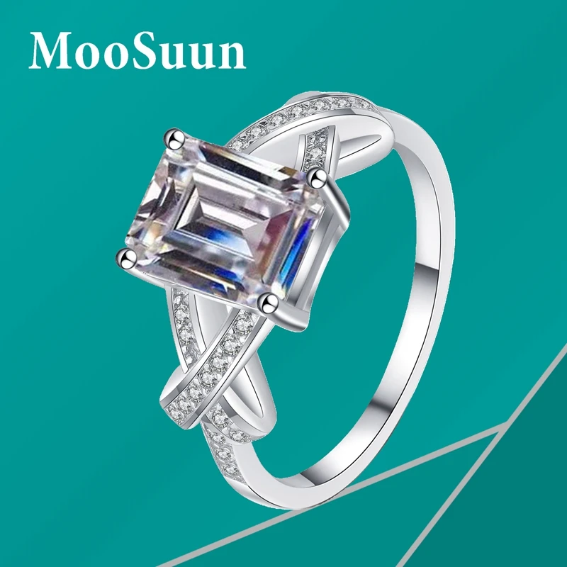 

MooSuun 3.0ct Emerald Cut Moissanite Diamond Ring for Women S925 Sterling Silver Lab Sapphire Ruby GRA Engagment Ring Love Gift