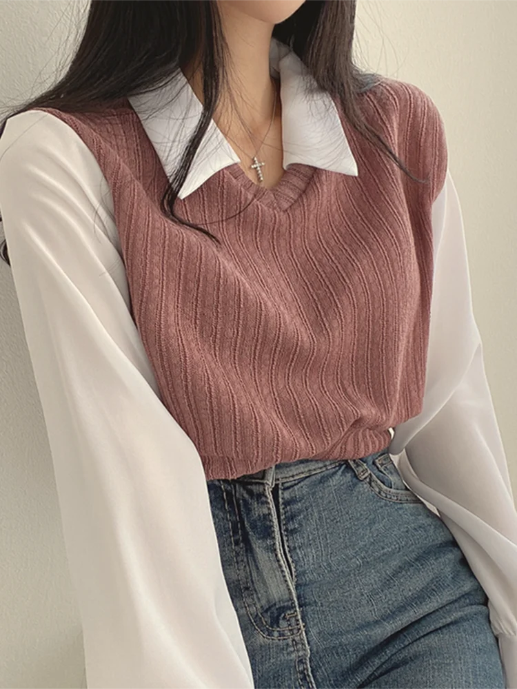 Jmprs Fashion Patchwork Women Blouse Knitted Korean Lantern Long Sleeve Pullover Short Tops Chic Turn Down Collar Ladies Tops