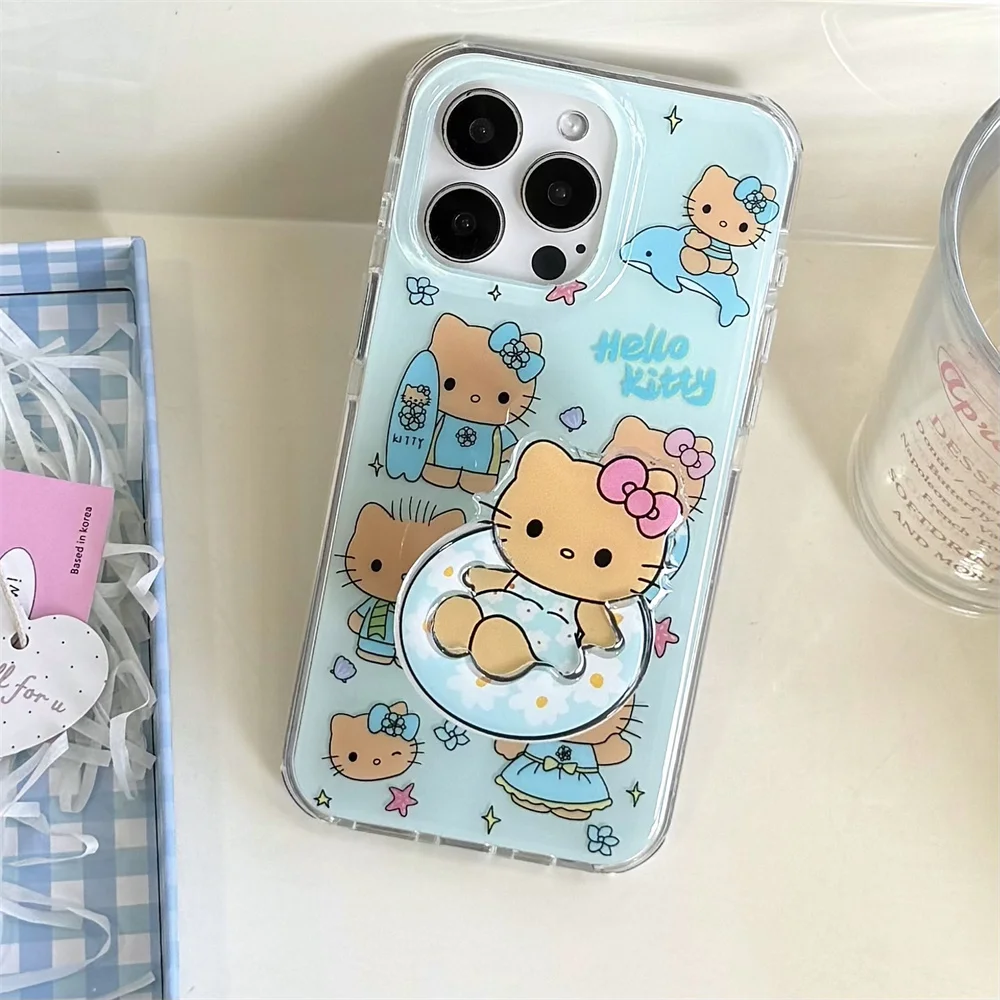 

Kawaii Swimming Hellokitty Cute Phone Case for iPhone 14 15 16 Pro 15 Pro Max 16 Cover with Bracket Cartoon New Protective Cover