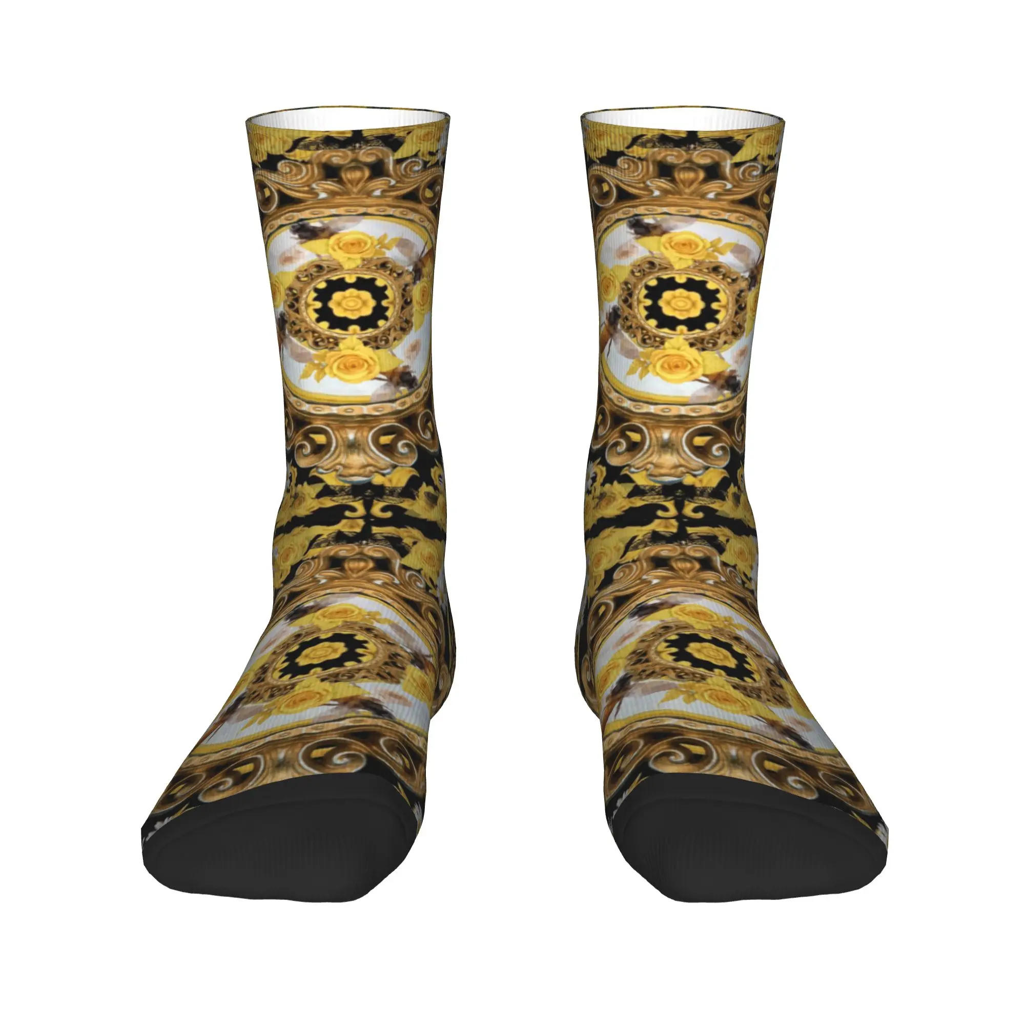 

Cool Men's Yellow Rose And Bees Vintage Kitsch Baroque Scarves Dress Socks Unisex Breathbale Warm 3D Printed Crew Socks