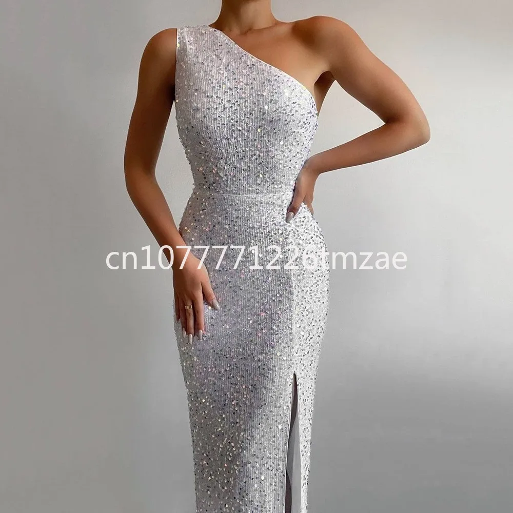 

2024 Winter New Women's Clothing European and American Pink Split Dress One Shoulder Sequins Dress