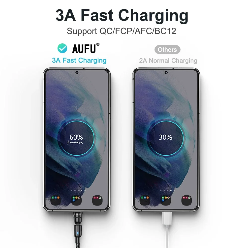 AUFU 3-in-1 Magnetic charging cable 540 Rotate 3A Fast Charge Micro USB Type C Cable For iPhone Xiaomi Magnet Charger Wire Cord