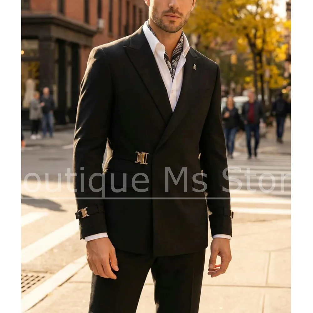 Black Men Suit 2 Piece Metal Buckle Design Peak Lapel Outfit Slim Fit Double Breasted Formal Business Wedding Party Tuxedo