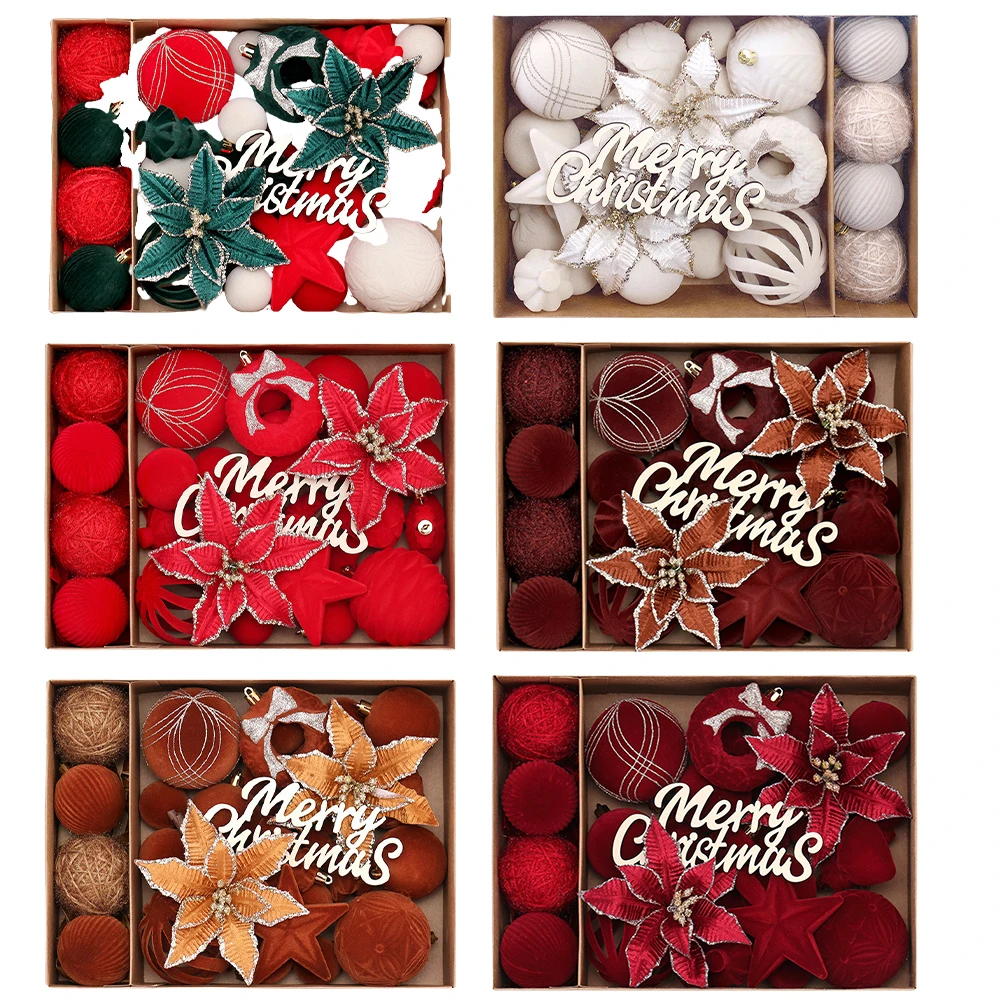 

38Pcs Christmas Flocking Flowers Christmas Balls Xmas Tree Pendants Party Decor Home Christmas Day Party Atmosphere Decoration