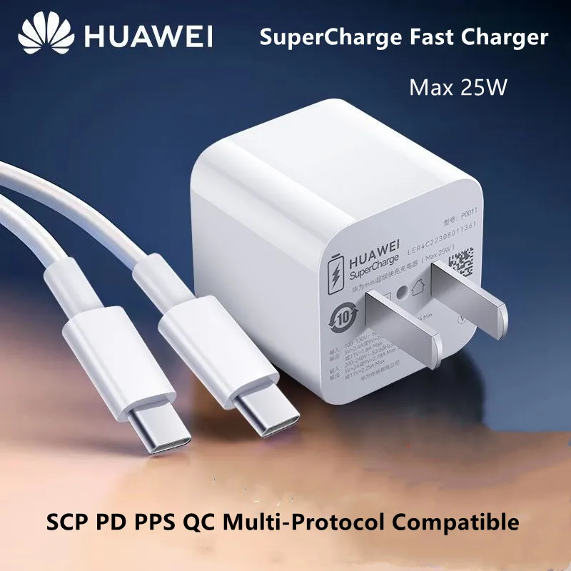 شاحن Huawei Mini SuperCharge سريع بحد أقصى 25 واط نوع-C لدعم الإخراج PD QC شحن سريع لهواوي/آيفون مع كابل 3.3A C إلى C
