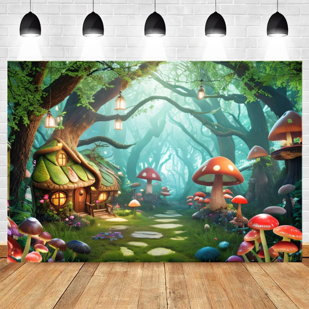 Enchanted Forest Backdrop Fairy Tale Mushroom Tree House Baby Shower Kid Birthday Party Photography Background Photo Studio Prop