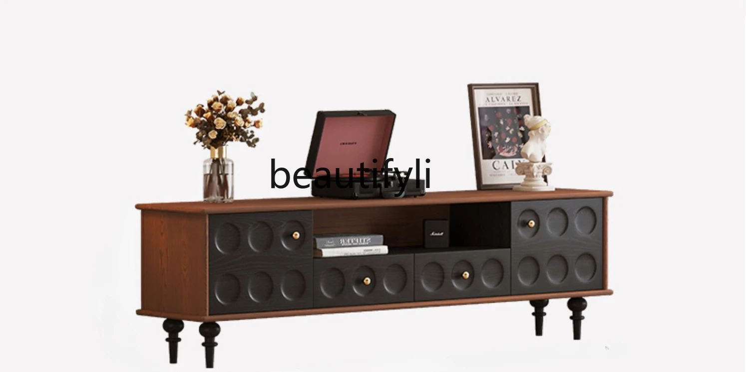 

RetroSolid Wood TV Cabinet Black Small Apartment Living Room Audiovisual Cabinet Medium Ancient Style Light Luxury Floor Cabinet