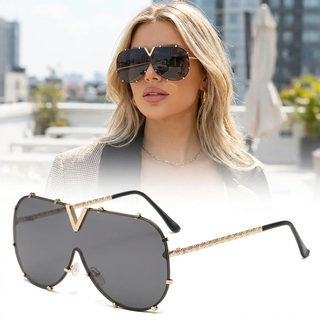 

New Fashion Metal Frame One-Piece Lens Sunglasses Oversized V Shape Shield Sun Glasses UV400 Unisex Eyewear Retro Designer Style