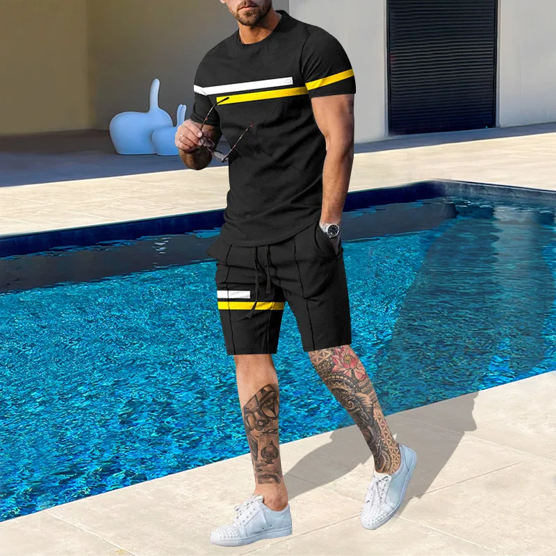 2024 Men\'s Summer Fashion,Informal Beach Shorts Set,3D Printed Striped Short Sleeved T-Shirt,Round Neck,2-Piece Suit Set