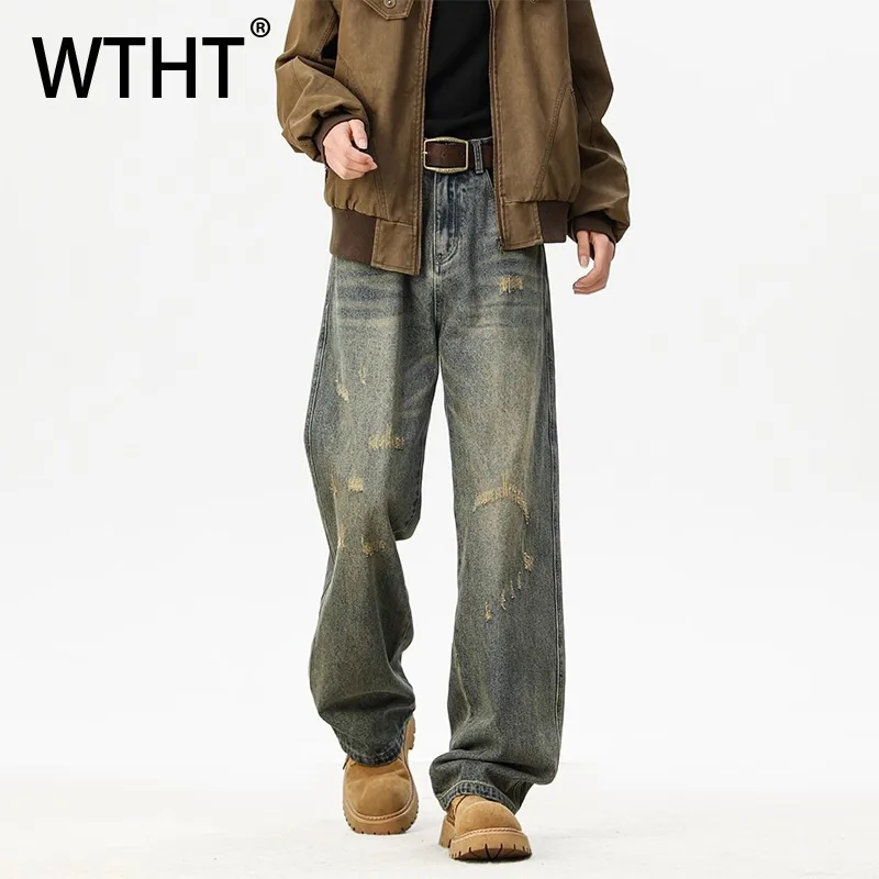 

WTHT Fashion Men's Gradient Hole Do Old Design Loose Denim Pants Vintage High Street Straight Wide Leg Jeans 2025 Summer 2A0622
