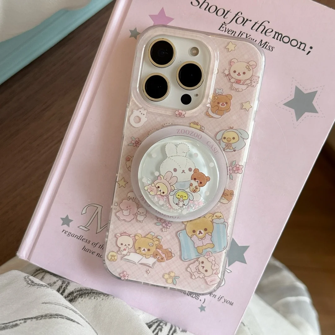 

Cartoon Sleeping Bear Family Magsafe magnetic stand phone case for IPhone 13 15 14 16Pro Max wireless charging shockproof cover﻿