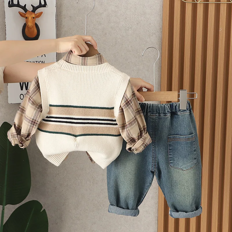 Boys Fashion Fall Spring New Striped Cartoon Sweater Vest+Long Sleeve Plaid Shirts+Casual Jeans Pants 3PCS Baby Infant Outfit