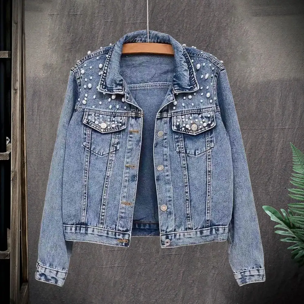 Women Denim Jacket Stylish Winter Denim Coat with Bead Decor Chest Pockets for Women Plus Size Long Sleeves for Streetwear