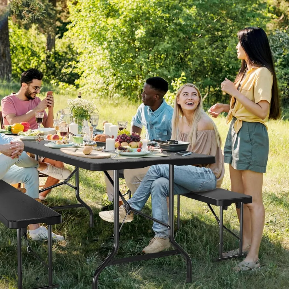 طقم طاولة نزهة قابلة للطي مع مقعدين، أثاث للتخييم في الهواء الطلق بطول 6 أقدام، طقم كراسي طاولة محمولة مكون من 3 قطع للاستخدام الداخلي والخارجي #4