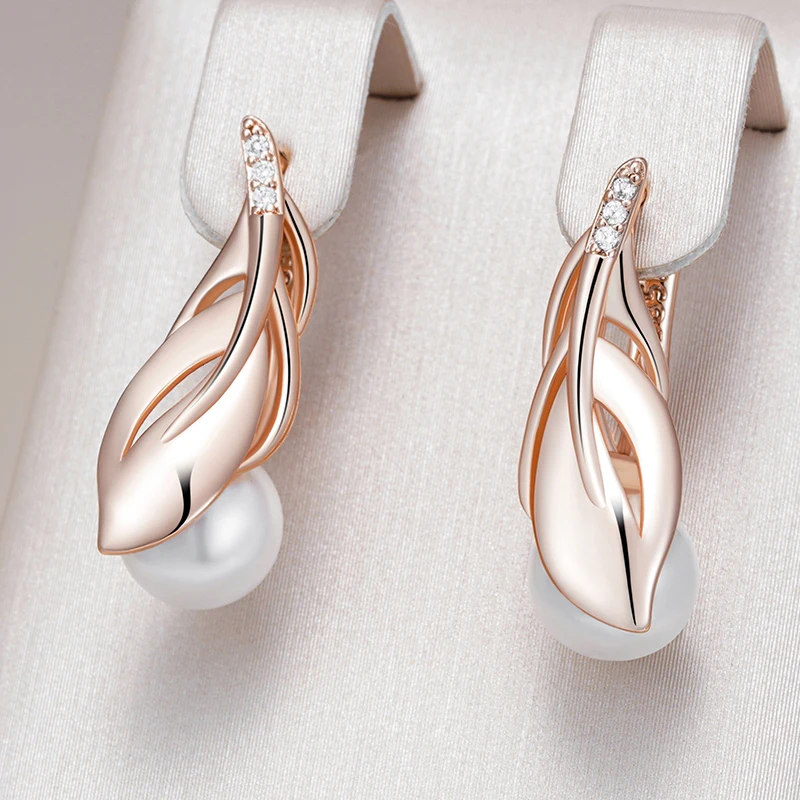 Kinel Mode Perle Blatt Tropfen Ohrringe für Frauen 585 Rose Gold Farbe Mit Natürlichen Zirkon Zubehör Ethnische Hochzeit Edlen Schmuck