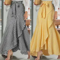 Breathable Skirt Elegant Lace-up Ruffle Trim Maxi Skirt with Plaid Print Bow Tie Detail High Waist Irregular Hem Skirt for Women