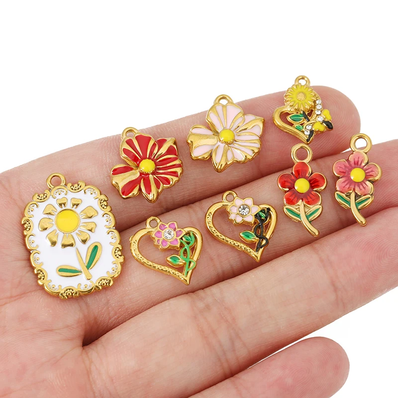 3pcs/lot Stainless Steel  Gold Plated Enamel Flower Charms Pendants for DIY Jewerly Bracelets Earrings Necklace Making Supplies