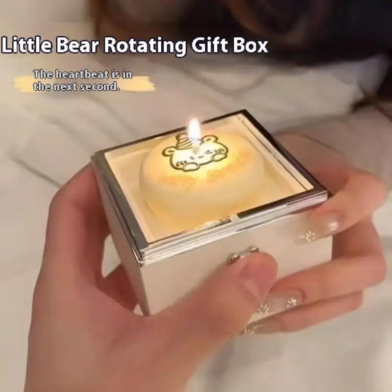 صندوق خاتم فليب لطيف، صندوق مجوهرات دوار، صندوق خاتم كعكة الدب الصغير، صندوق هدايا عيد ميلاد رومانسي، صندوق خاتم دوار مع شموع