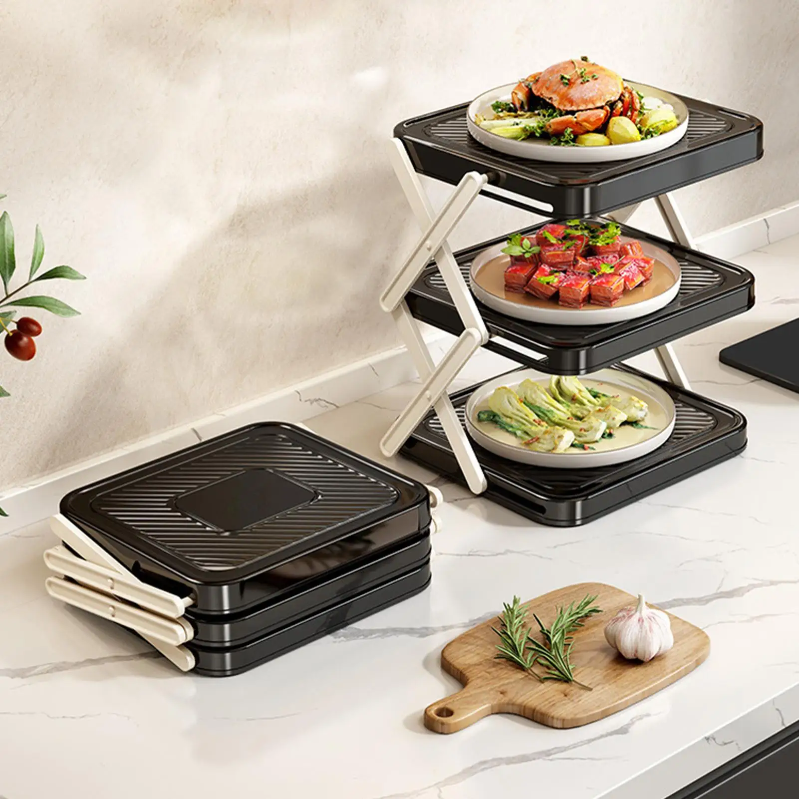 

Multi Layer Prep Tray Rack 3 Tier Foldable Space Saving Kitchen Organizer Shelf for Indoor Outdoor Grilling Kitchen Utensils
