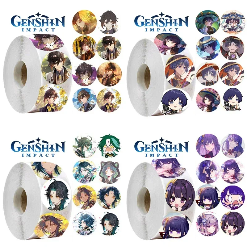 500PCS/Roll Genshin Impact Game Sealing Decal Waterproof Xiao Keqing Shotgun Kaedehara Kazuha Envelope Kawaii Stationery Sticker