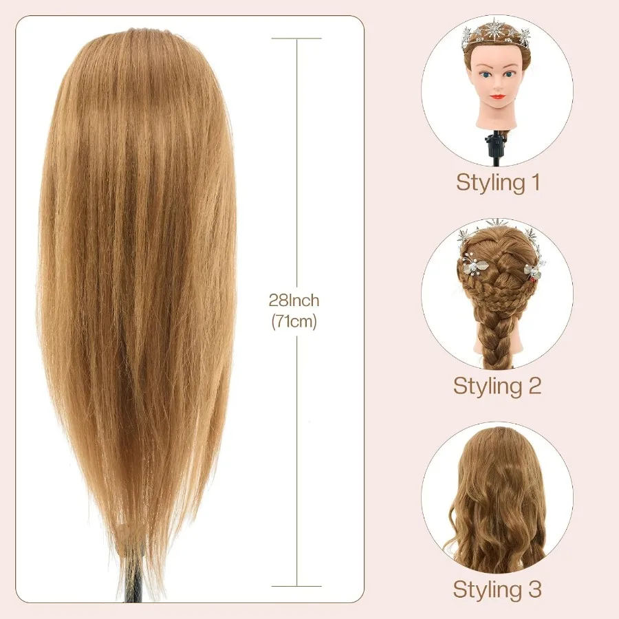 رأس عارضة أزياء للشعر الحقيقي مقاس 28 بوصة 80 لتدريب التجميل وممارسة التصميم مثالية لتقنية تجديل وتجعيد الشعر والقطع