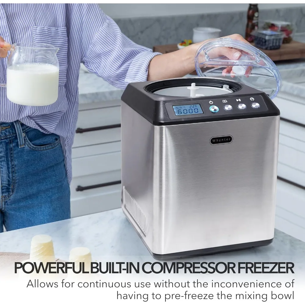 Ice Cream Maker Machine Automatic 2.1 Qt. upright with Built-in Compressor, LCD Digital Display & Timer, No Pre-Freezing